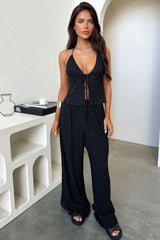 Prisha Wide Leg Plisse Pants - Black