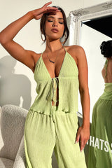 Prisha Wide Leg Plisse Pants - Green