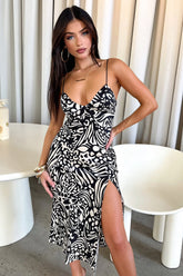 Jennifer Satin Midi Dress - Black/White Print