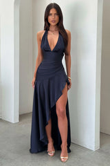 Wrenly V-Neck Satin Maxi Dress - Navy
