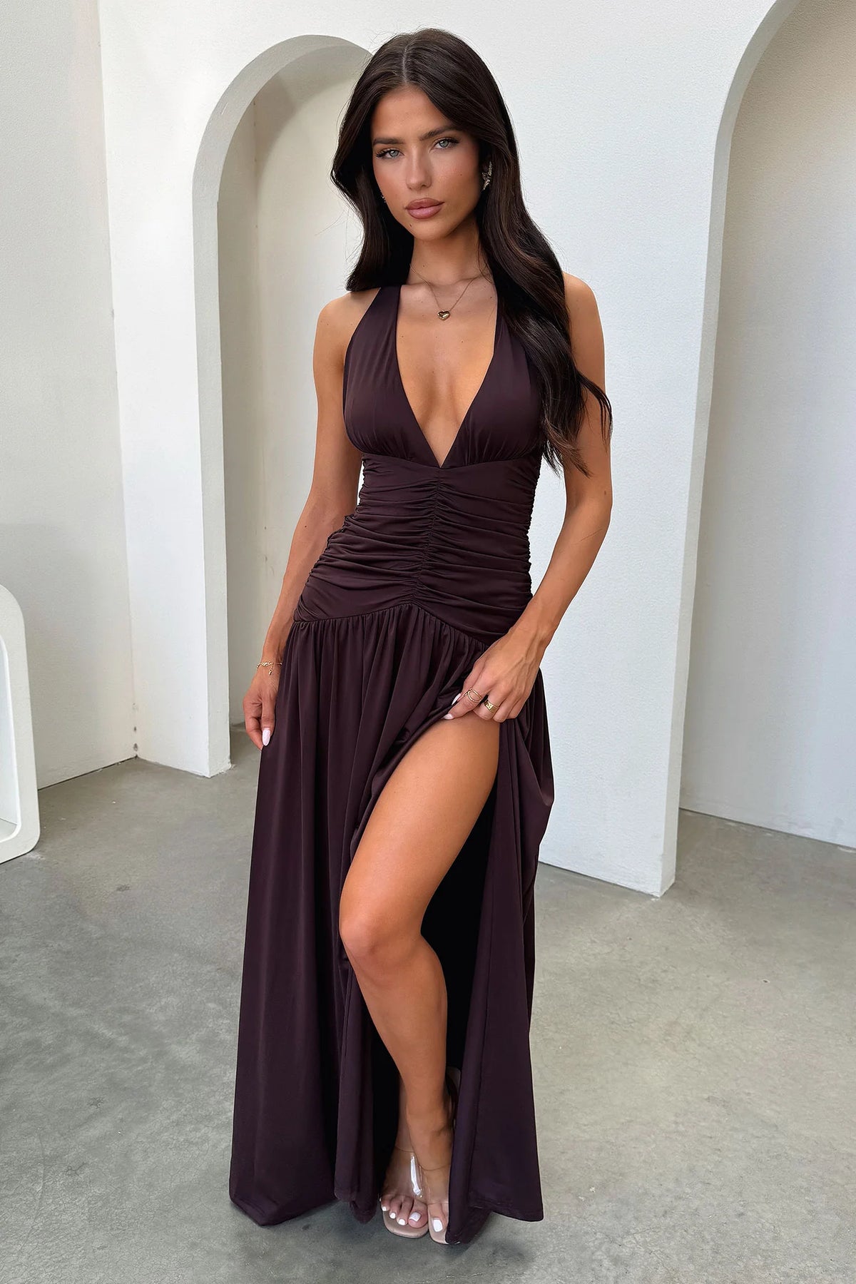 Ginevra Ruched Halter Maxi Dress - Brown