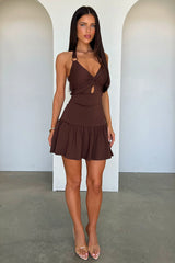 Briony Halter Neck Mini Dress - Brown