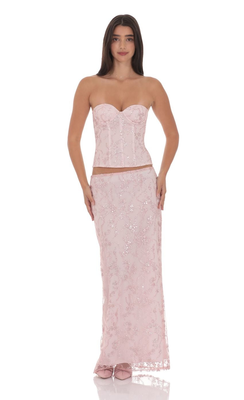 Glitter Floral Maxi Skirt in Pink